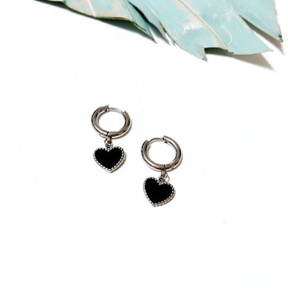 Anthropologie Jewelry - Black heart hoop earrings S182